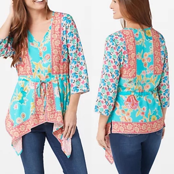 Anthropologie X Tolani Collection Patchwork Floral Boho Top Handkerchief Hem - Picture 3 of 12